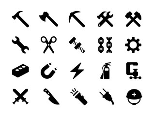 Working tools vector icons set. Construction instruments and materials. Isolated hammer, wrench, knife, gear, scissor, nut and bolt, clamp, electric plug, helmet, brick symbols collection - Vector