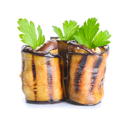 Tasty grilled eggplant with cream cheese on white background