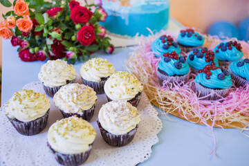 Homemade cupcakes on the background of a children's holiday - birthday.
