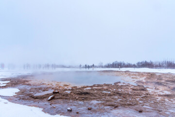 Strokkur at rest in winter. Fountain geyser located in the Haukadalur geothermal area, southwest of Iceland.
