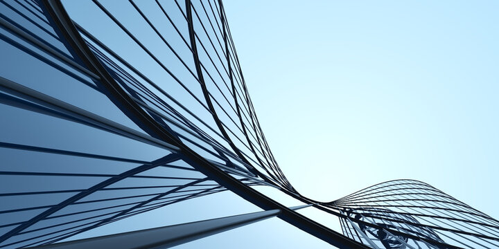 Low angle view of futuristic architecture, Skyscraper of office building with curve glass window, 3D rendering.