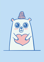 Cute bear holding a heart. Greeting card template. Happy Valentines's Day postcard design. Suitable for t-shirt prints, cards or posters. Vector illustration EPS10