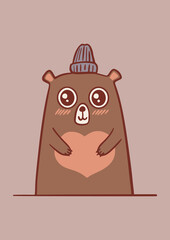 Cute bear holding a heart. Greeting card template. Happy Valentines's Day postcard design. Suitable for t-shirt prints, cards or posters. Vector illustration EPS10