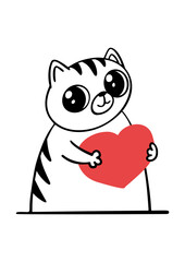 Cute cat holding a heart. Greeting card template. Happy Valentines's Day postcard design. Suitable for t-shirt prints, cards or posters. Vector illustration EPS10