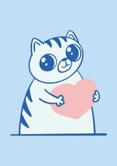 Cute cat holding a heart. Greeting card template. Happy Valentines's Day postcard design. Suitable for t-shirt prints, cards or posters. Vector illustration EPS10