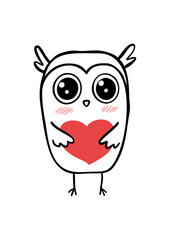 Cute funny owl holding a heart. Greeting card template. Happy Valentines's Day postcard design. Suitable for t-shirt prints, cards or posters. Vector illustration EPS10
