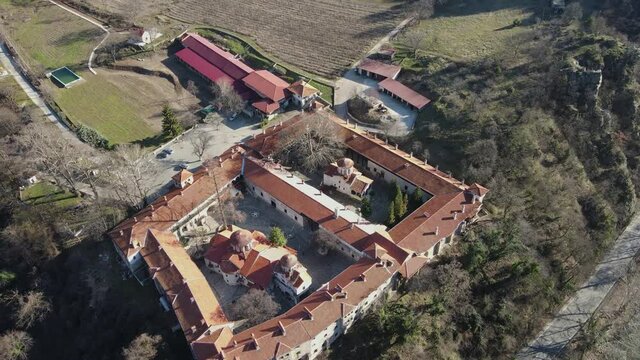 Aerial view of Medieval Bachkovo Monastery Dormition of the Mother of God, Bulgaria