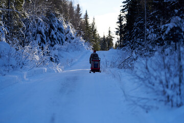 Mother and daughter walking on a winter road. Cold but sun. Shot in Gol, Hallingdal. © SteinOve