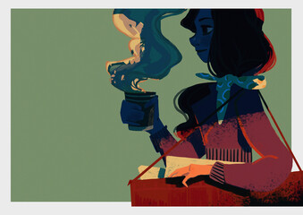 Image of a young stylish brunette woman walking on business with a cup of hot drink in her hand, profile portrait, long curly hair, neckerchief, folder with papers over her shoulder