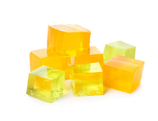 Tasty jelly cubes on white background