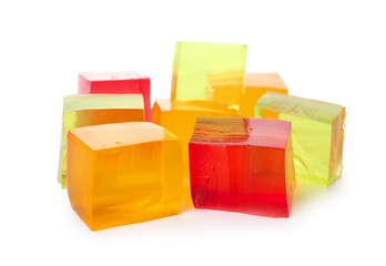 Tasty jelly cubes on white background
