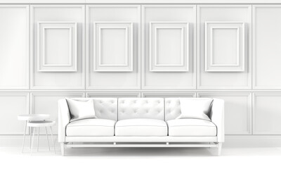 Indoor mockup,white living room with a blank picture frames,  side tables, sofa and cushions.  3D rendering illustration. Real estate, interior design decoration concept.