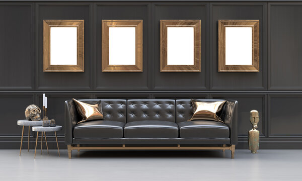 Indoor mockup,black and metallic gold living room with 4 blank picture frames, side tables, sofa, cushions and ethnic sculptures.  3D rendering illustration