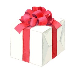 A white gift box with red ribbon bow