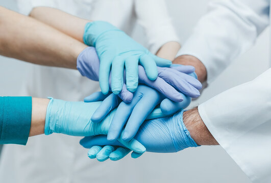 Team of young doctors stacking hands in blue gloves indoor.  medical teamwork.