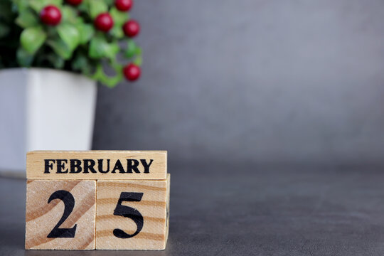 Day 25 of february month, Wooden calendar with date. Empty space for text.