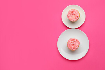 Figure 8 made of plates with cupcakes on color background. International Women's Day celebration