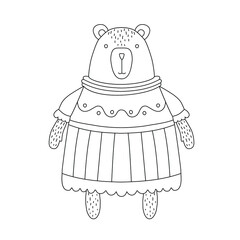 Coloring black and white. Bear girl in a dress.