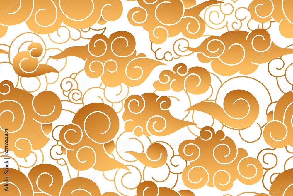 Aufkleber seamless pattern of chinese cloudy sky with curly golden clouds and curves. repeatable japanese text