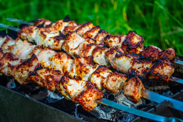 Barbecue on the grill. Fried, ruddy pieces of meat on skewers.