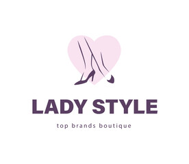 Lady style emblem concept isolated on white background. Pair of elegant woman legs in classic shoes on heart shape. Vector flat minimalistic hand drawn illustration. For emblem, advertising, tag, logo