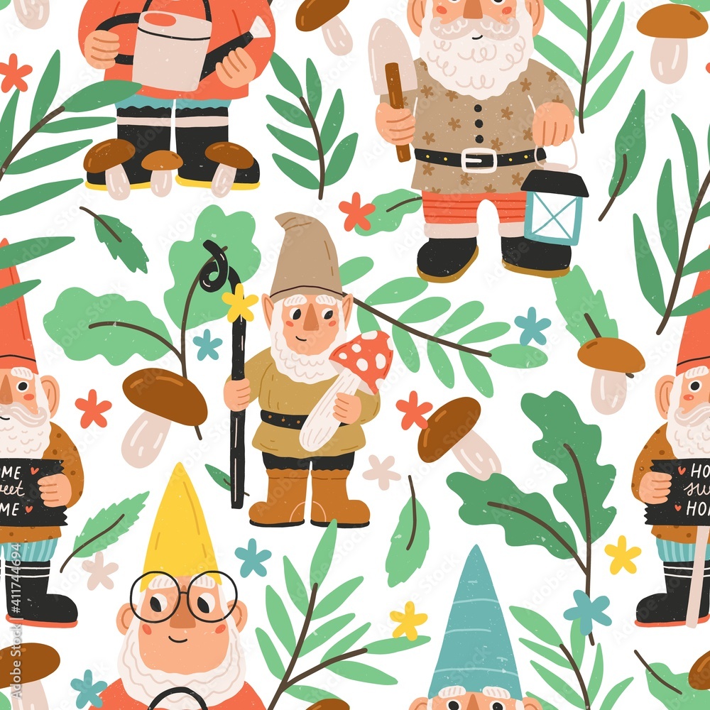 Poster seamless pattern with funny and cute gnomes, dwarfs, elves, mushrooms, leaves and colorful flowers o