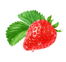 みずみずしいイチゴと2枚の葉のリアルなイラスト　水滴付き
