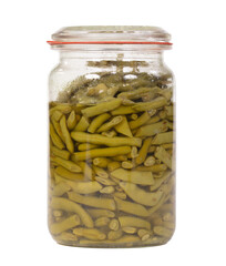 Very old glass jar with green beans, isolated