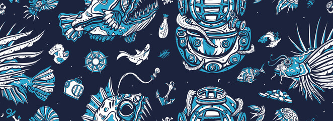 Underwater world seamless pattern. Life of ocean background. Old school tattoo style. Deep water diving. Scuba diver helmet, octopus kraken tentacles. Sea monsters. Angler fish, lionfish, jellyfish