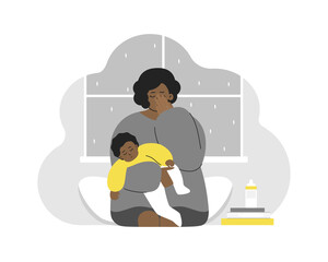 Vector flat concept. Problem of maternity - how to keep calm and mental health. Tired African American mother cries. She holds baby on hands. Mom feels emotional stress, anxiety, postpartum depression