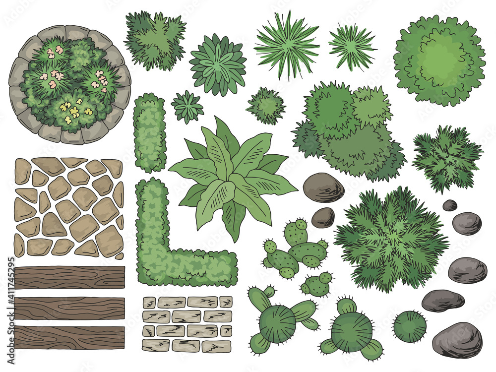 Aufkleber landscape architect design element set color top sketch aerial view isolated illustration vector