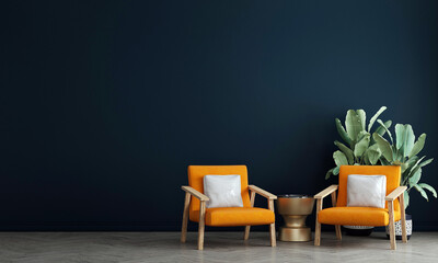 mock up furniture decoration in modern interior background, blue living room, Scandinavian style, 3D render, 3D illustration
