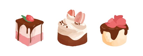 Pastry, cupcake, piece of cake decorated with flower petals, berry and macaron. Set of sweet desserts with whipped cream and drippy chocolate glaze. Vector illustration isolated on white background