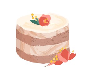 Wedding or birthday dessert decorated with flowers, leaves and yellow berries. Festive layered chocolate sponge cake with vanilla cream. Colored vector illustration isolated on white background