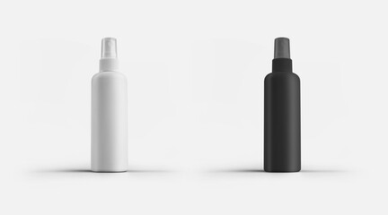 Mockup of plastic white, black aerosol bottles, matte spray can, isolated on background.