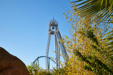 Roller coaster Ride against blue sky in a nice day.