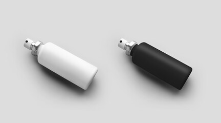 Template of plastic white, black open bottle with sprayer, can with atomizer, isolated on background.