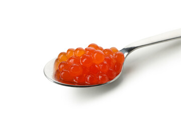 Spoon with red caviar isolated on white background