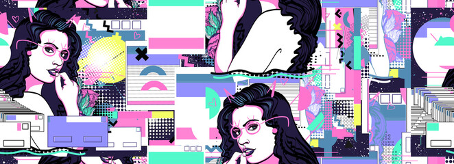 Cyberpunk girl and universe. Vaporwave and retrowave music seamless pattern. Contemporary glitch background. Surreal retrofuturistic vector illustration. 80s and 90s internet lifestyle, pop culture