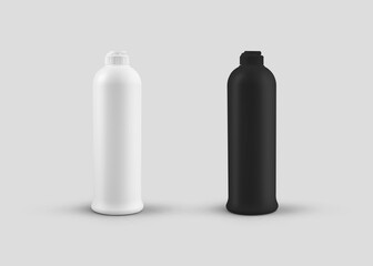 Mockup of a matte white, black bottle with a flip top cap, for liquid detergent, for cleaning the kitchen, home, for design presentation.