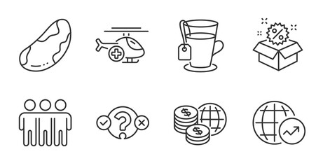 Medical helicopter, Friendship and Quiz test line icons set. Brazil nut, Tea and World statistics signs. World money, Sale symbols. Sky transport, Trust friends, Select answer. Vector
