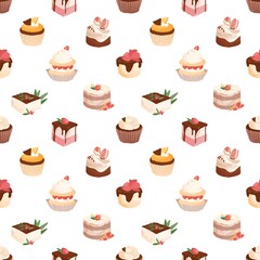 Seamless pattern with sweet sugar desserts, pieces of creamy cakes and cupcakes decorated with strawberries and toppings. Endless texture for printing. Colored vector illustration on white background