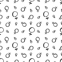 Seamless monochrome pattern with doodle style black ink planet venus sign. On white background. Stock vector illustration. © akini