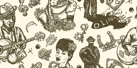 Blues music seamless pattern. Old school tattoo style. Elderly Afro American bluesman playing slide guitar. Musical legend. Crossroads and devil. Beautiful black jazz woman and saxophone