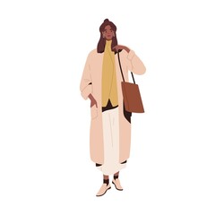 Stylish modern woman in spring fashion outfit. Dark skinned model wearing coat, sweater, skirt and shoes. Trendy clothes in urban casual style. Color flat vector illustration isolated on white