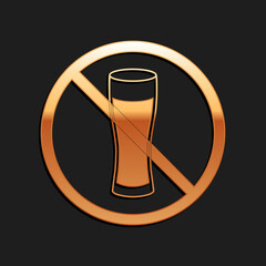 Gold No alcohol icon isolated on black background. Prohibiting alcohol beverages. Forbidden symbol with beer bottle glass. Long shadow style. Vector.