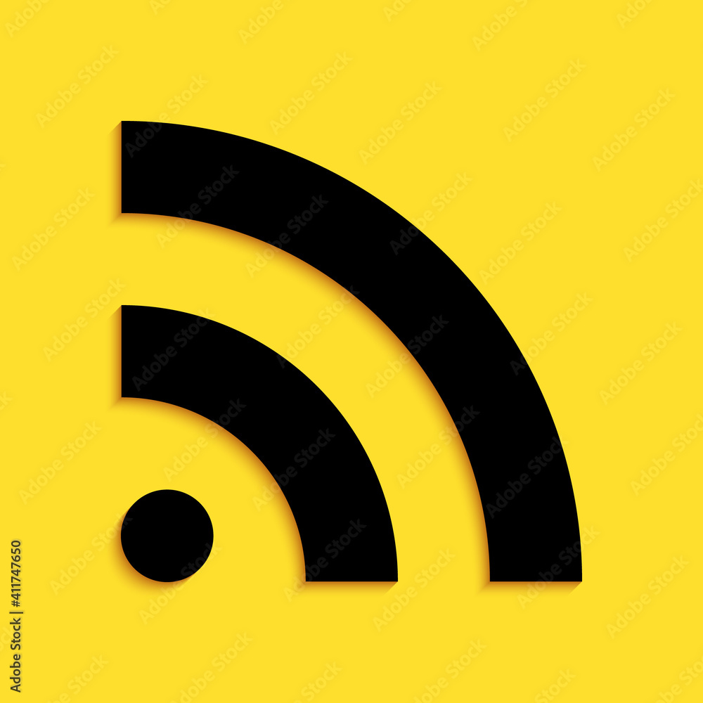 Poster black rss icon isolated on yellow background. radio signal. rss feed symbol. long shadow style. vect