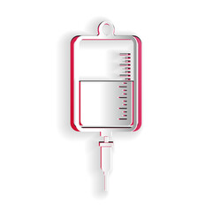 Paper cut IV bag icon isolated on white background. Blood bag icon. Donate blood concept. The concept of treatment and therapy, chemotherapy. Paper art style. Vector.