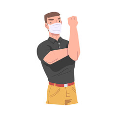 Man Wearing Face Mask Showing Hand with Clenched Fist as Stop Virus Sign Vector Illustration