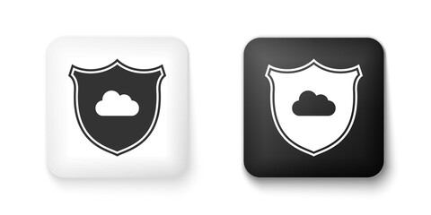 Black and white Cloud and shield icon isolated on white background. Cloud storage data protection. Security, safety, protection, privacy concept. Square button. Vector.